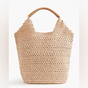 LOFT Crochet Woven Tote in Natural Beige with Brown Handle